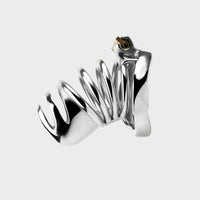 silver chastity cage constructed from stainless steel and polished.