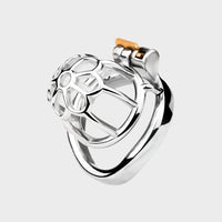 Silver shining chastity cage constructed from stainless steel.