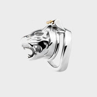 This chastity cage is shaped like a tigers head and made from solid steel.
