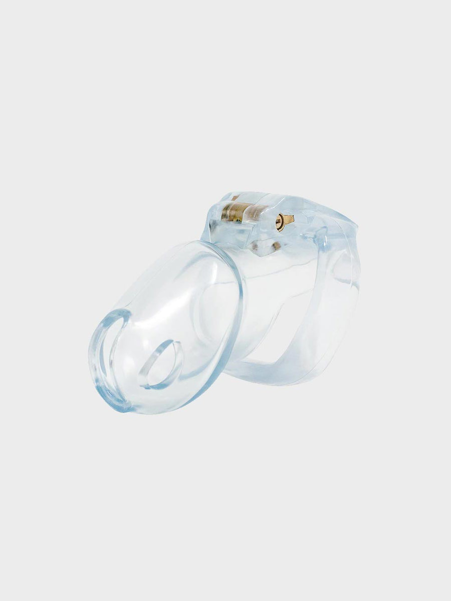 This small clear chastity cage is popular with bdsm play