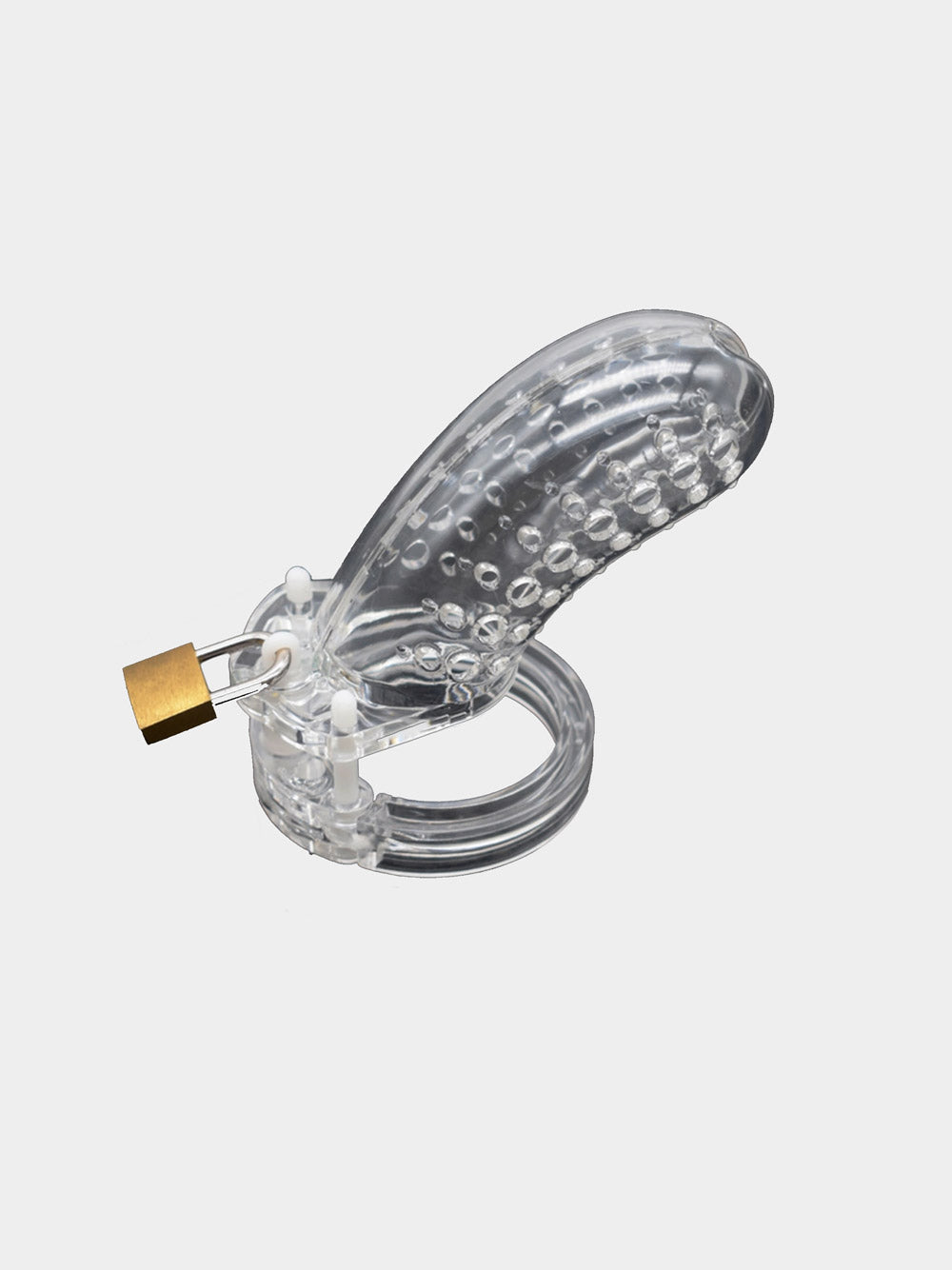 A kinky transparent cock cage made from hard plastic