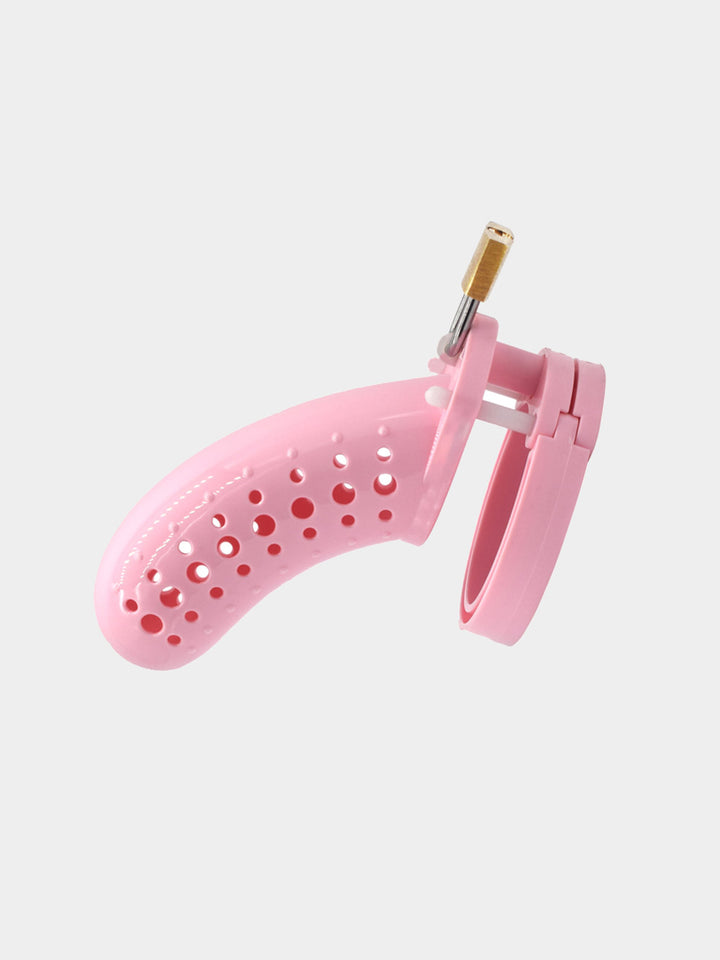 bright pink chastity cage worn by sissies