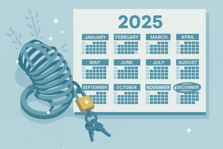A calendar highlighting Denial December, a month of abstinence using male chastity.