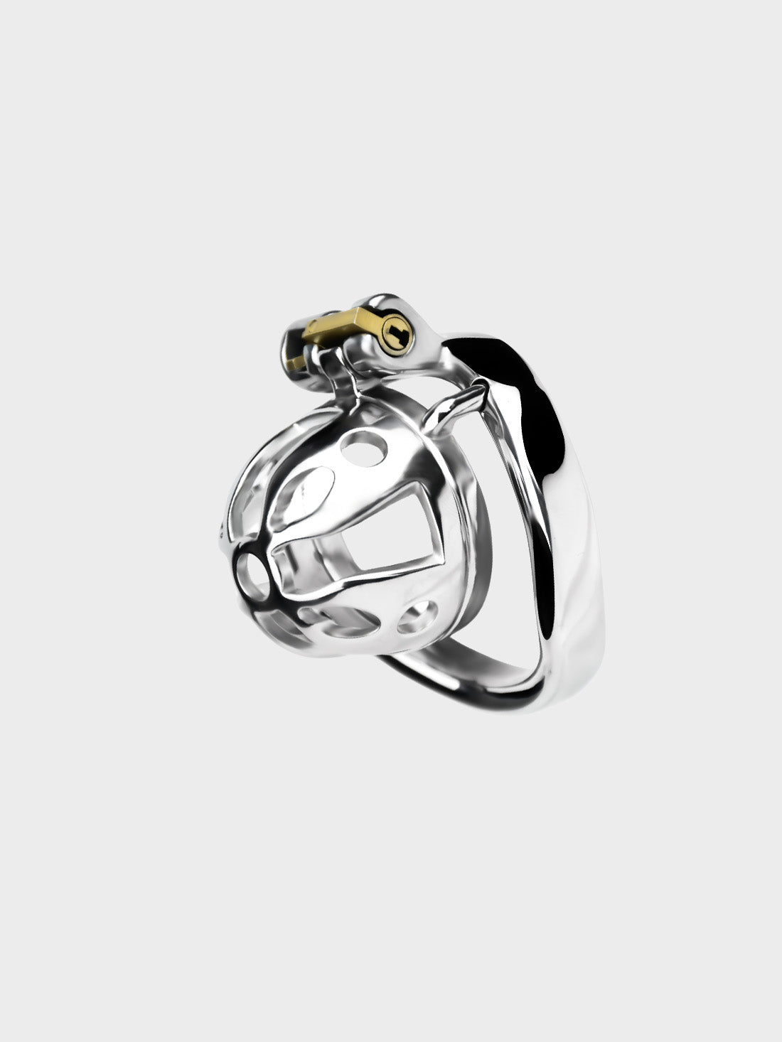 A small steel chastity cage on a grey background.