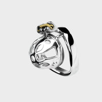 A small steel chastity cage on a grey background.