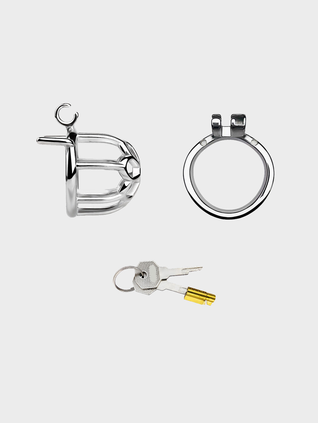 the parts of a male chastity cage which will lock shut.