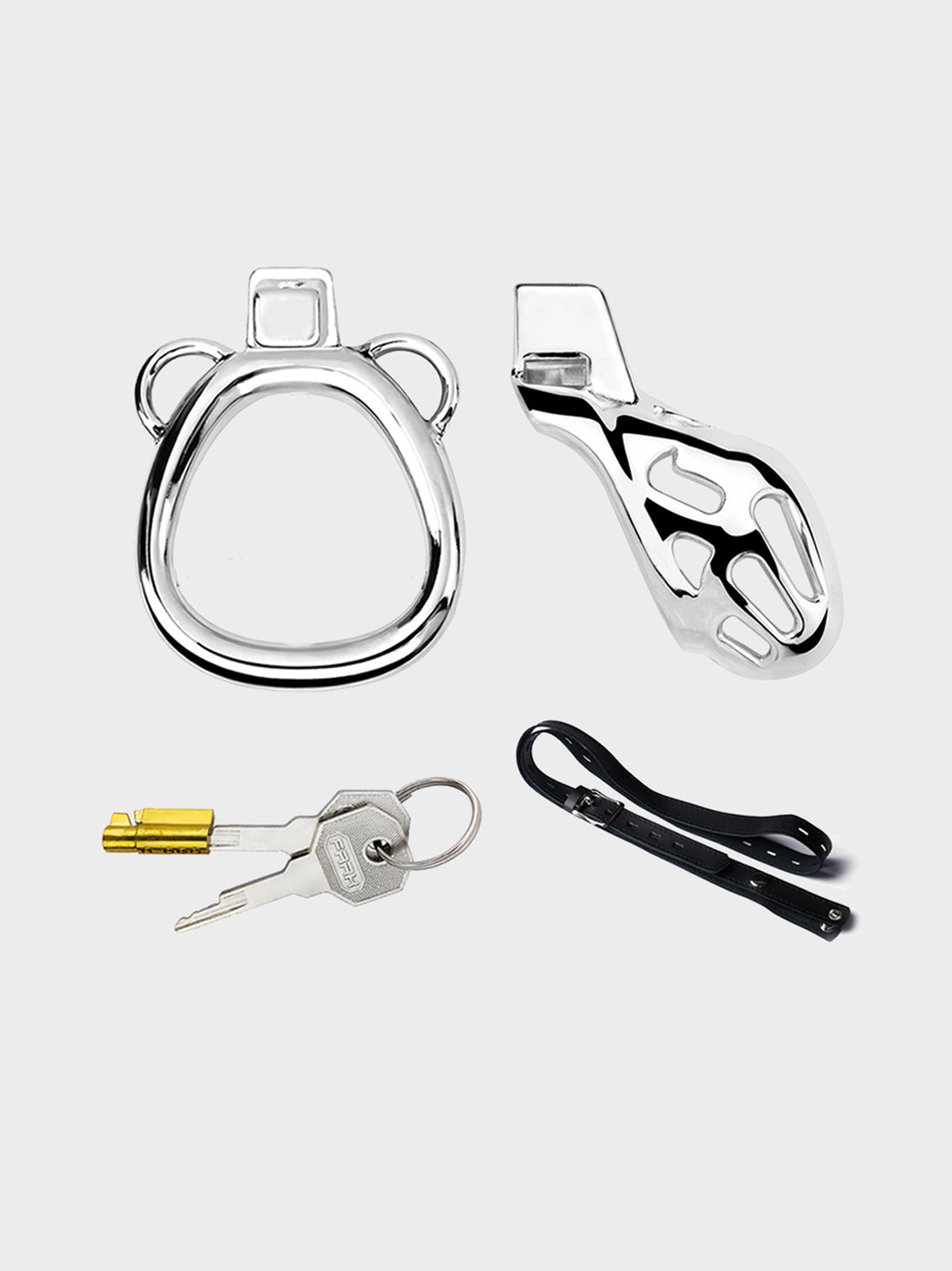 The different components that combine to make a chastity cage