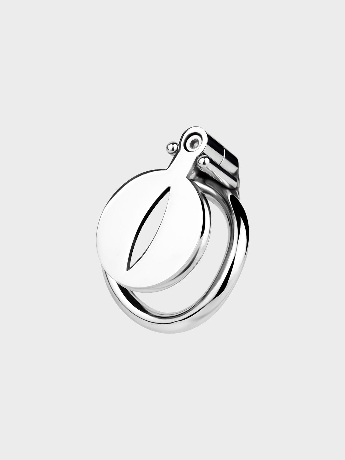 A flat chastity cage made from steel and measuring barely half an inch.