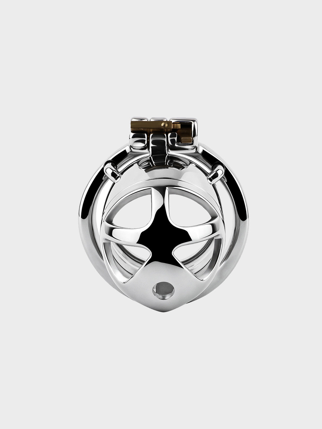 close up of a stainless steel chastity cage.