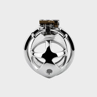 close up of a stainless steel chastity cage.