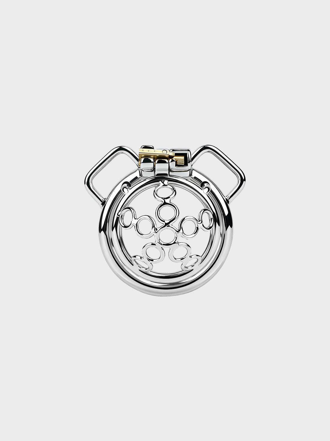 Stainless steel chastity cage that can attach to a leather belt.