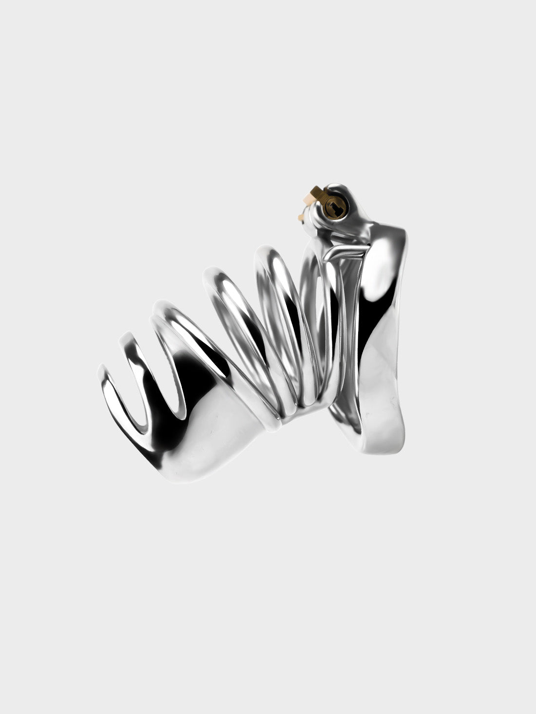 silver chastity cage constructed from stainless steel and polished.