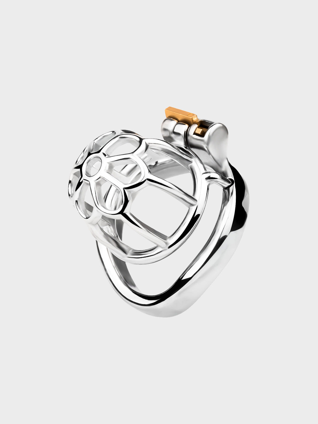 Silver shining chastity cage constructed from stainless steel.