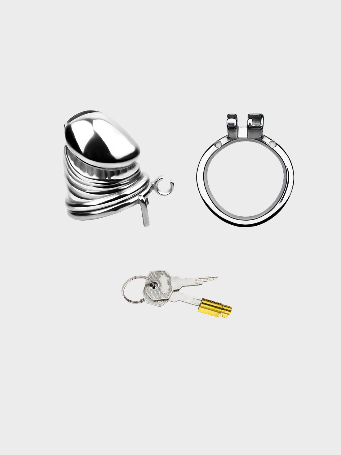 The steel components of a short male chastity cage.