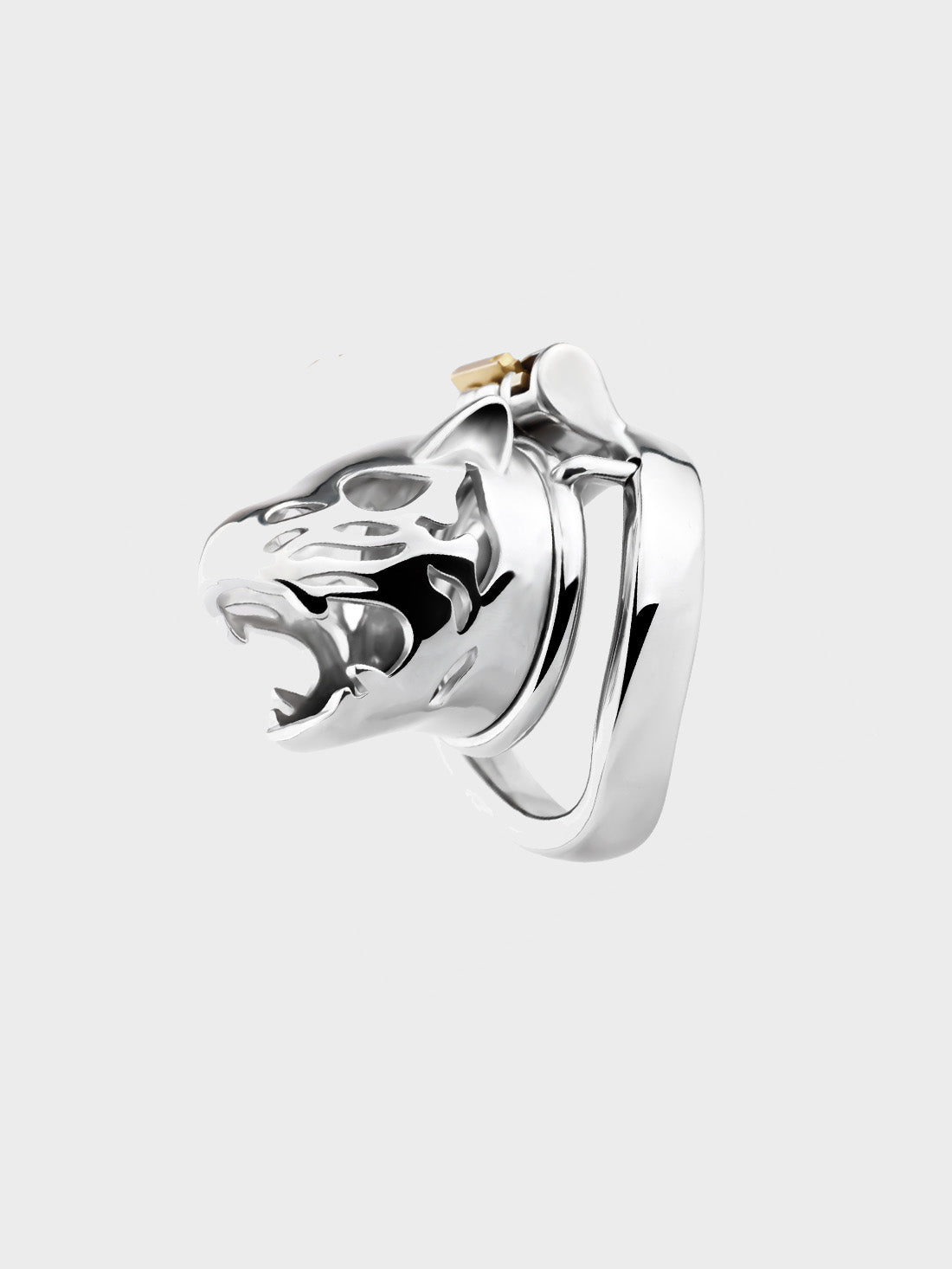 This chastity cage is shaped like a tigers head and made from solid steel.