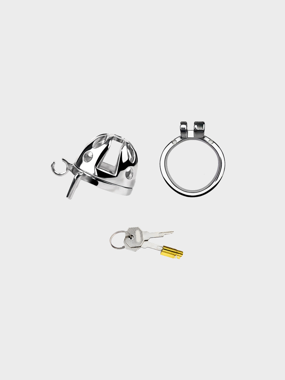 The cage, ring and key set for a steel chastity cage for men.
