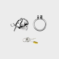 The cage, ring and key set for a steel chastity cage for men.