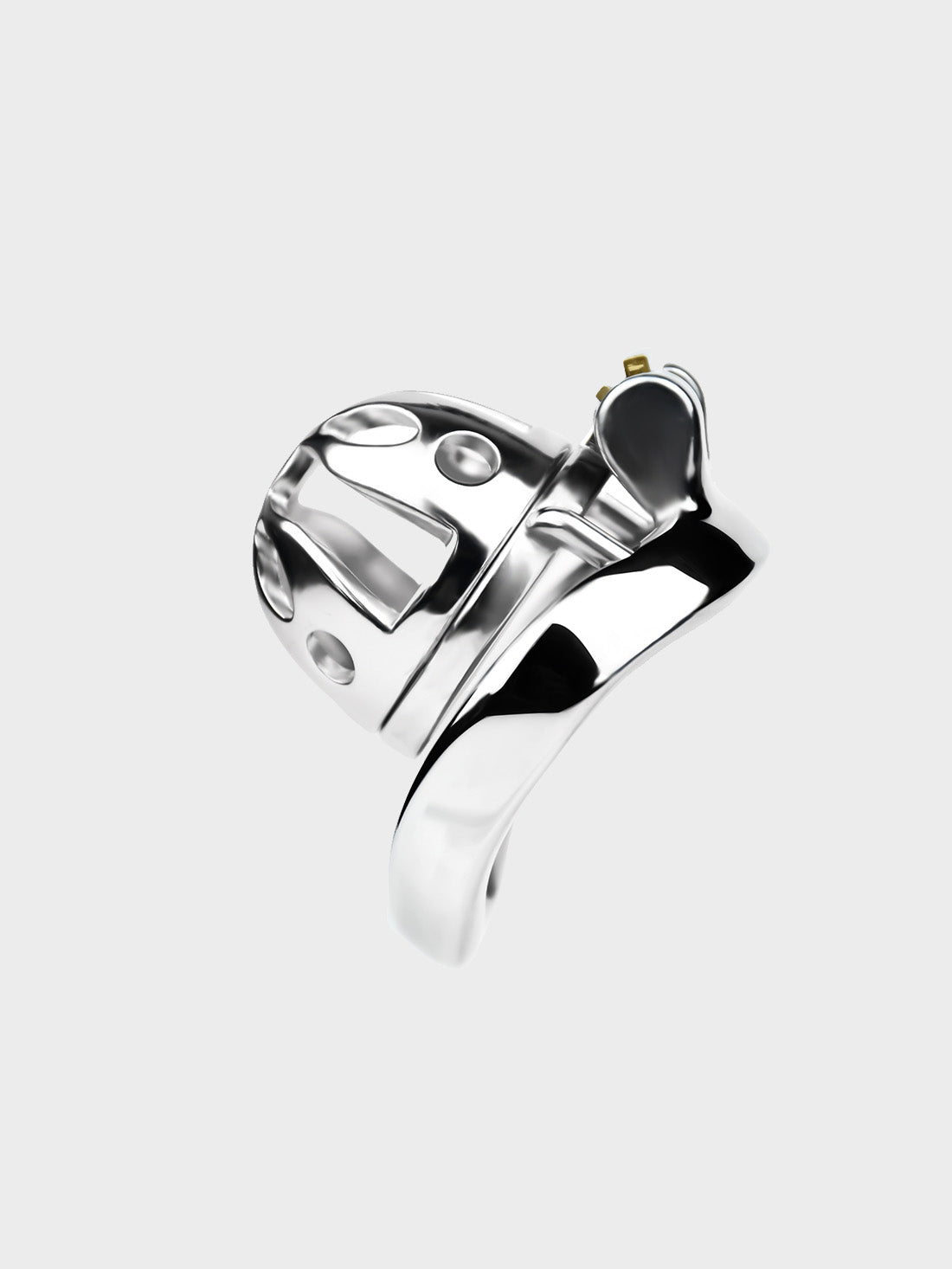 Close up of a silver chastity cage for men.