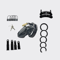All the parts of a plastic chastity cage that fits onto your body then locks
