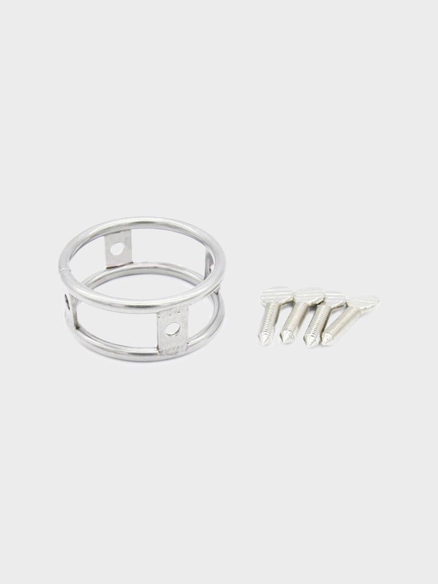 A tight steel cock ring from Chastity Cages Co with sharp screws.