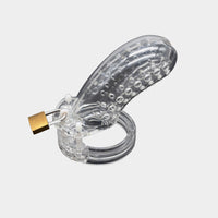 A kinky transparent cock cage made from hard plastic