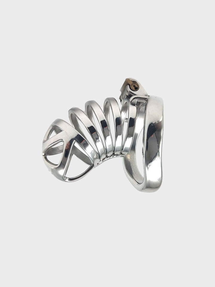 A solid steel chastity cage that encases the penis
