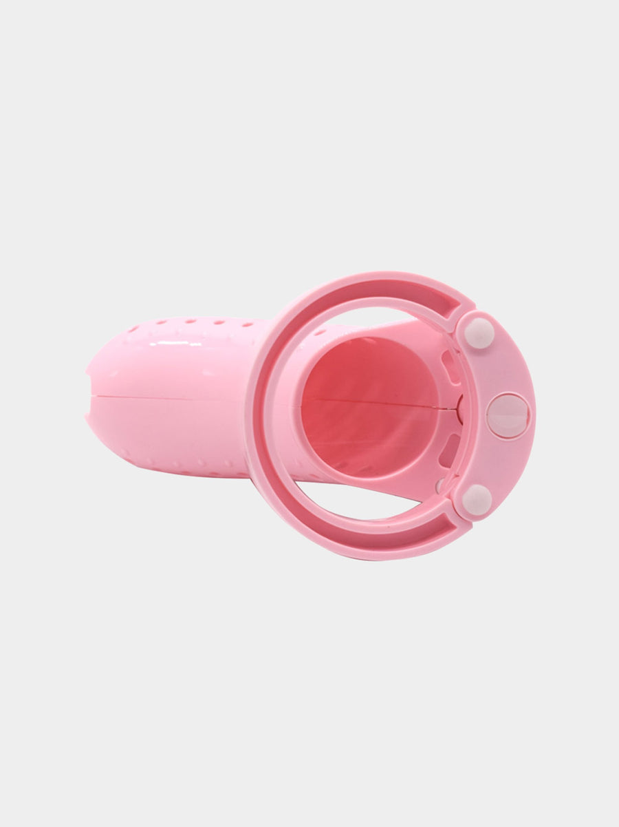 A beautiful pink chastity cage available for purchase